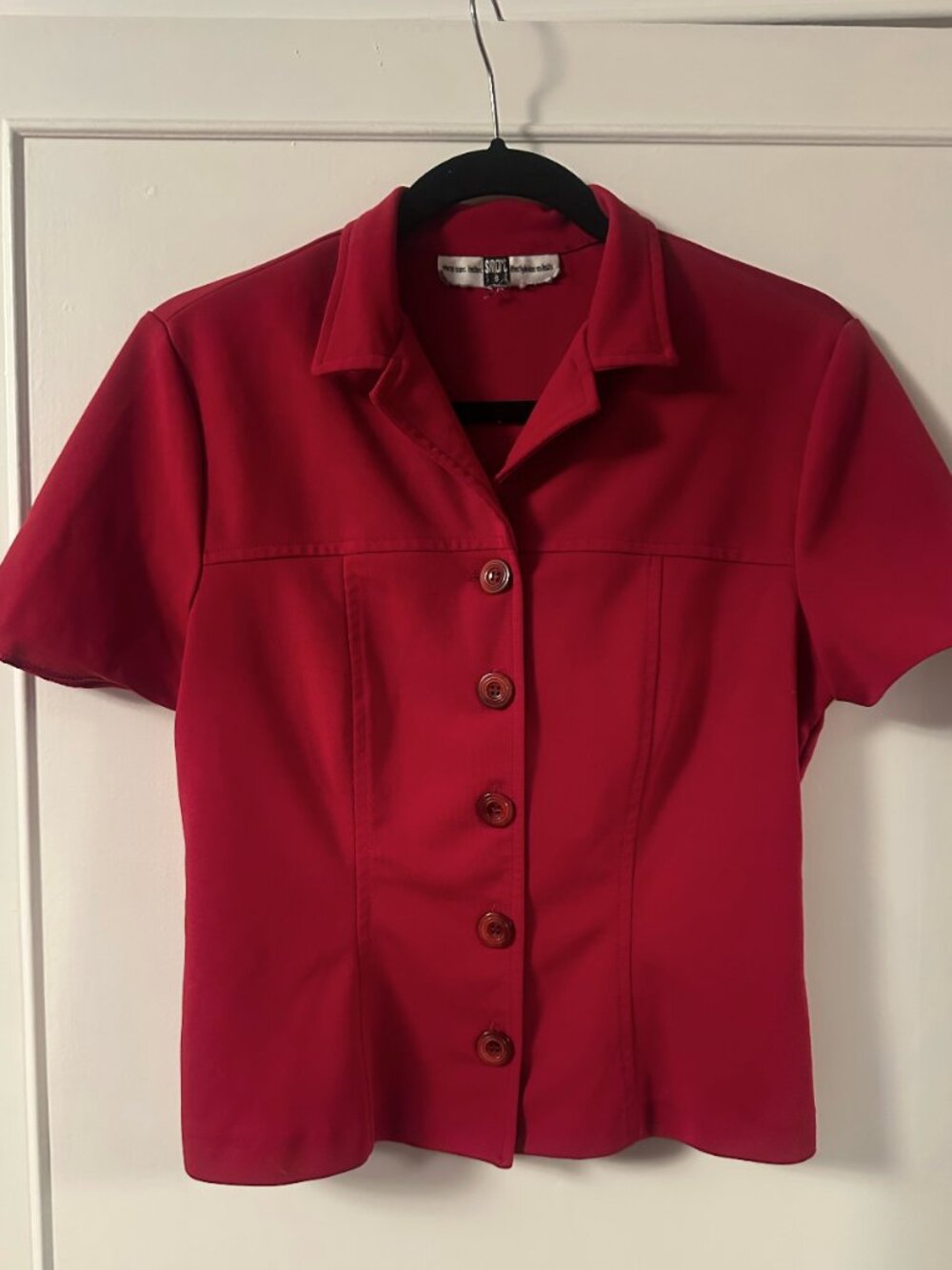 Vibrant Red Collared Short Sleeve Button Down Blouse Top Size Small